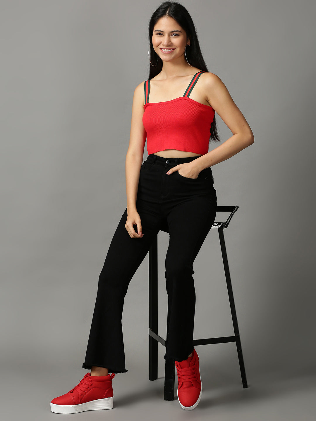 Women's Red Solid Fitted Crop Top