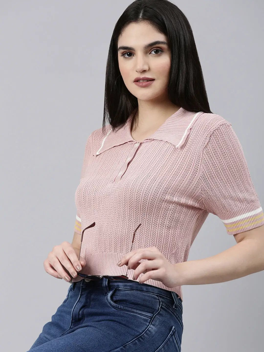 Women's Above the Keyboard Collar Self Design Pink Regular Top