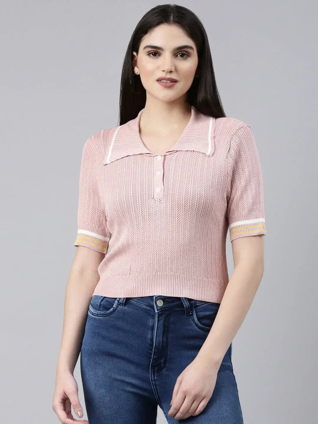 Women's Above the Keyboard Collar Self Design Pink Regular Top