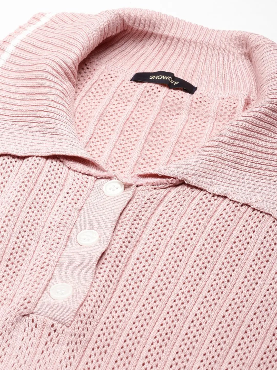 Women's Above the Keyboard Collar Self Design Pink Regular Top