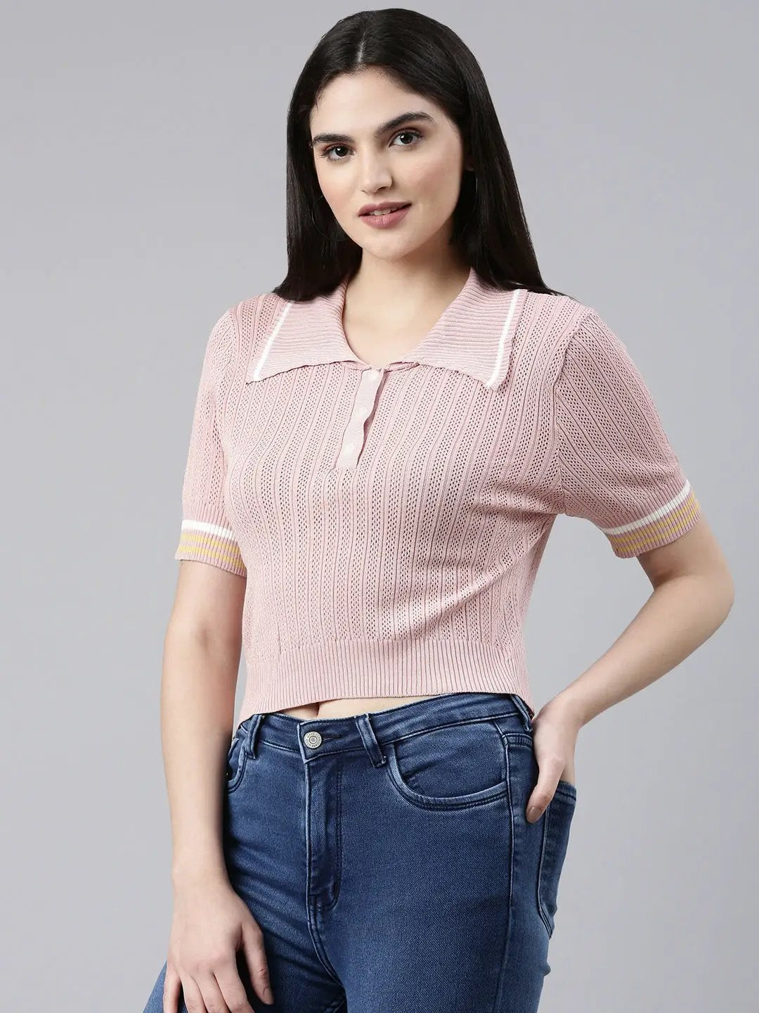 Women's Above the Keyboard Collar Self Design Pink Regular Top