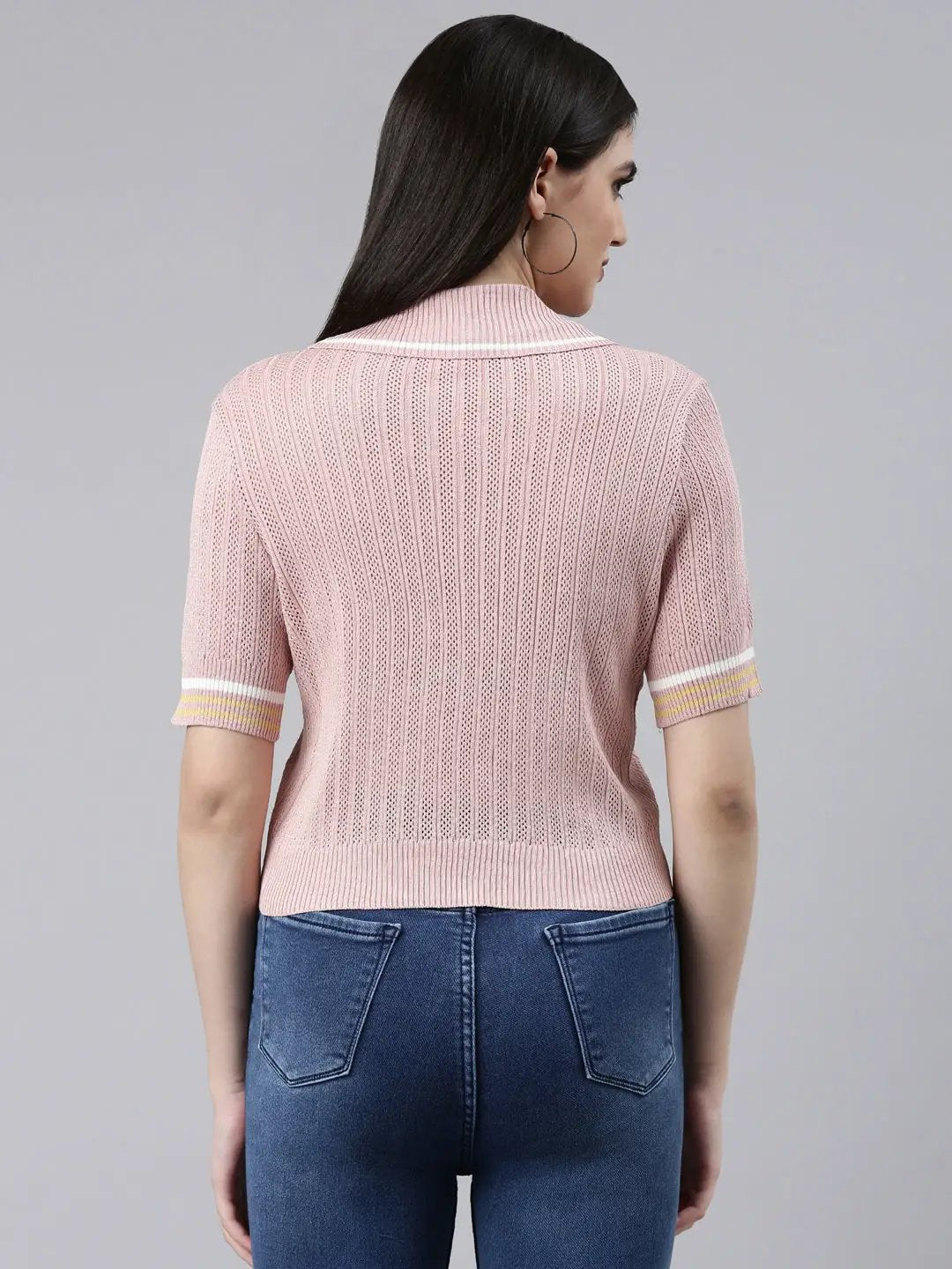 Women's Above the Keyboard Collar Self Design Pink Regular Top
