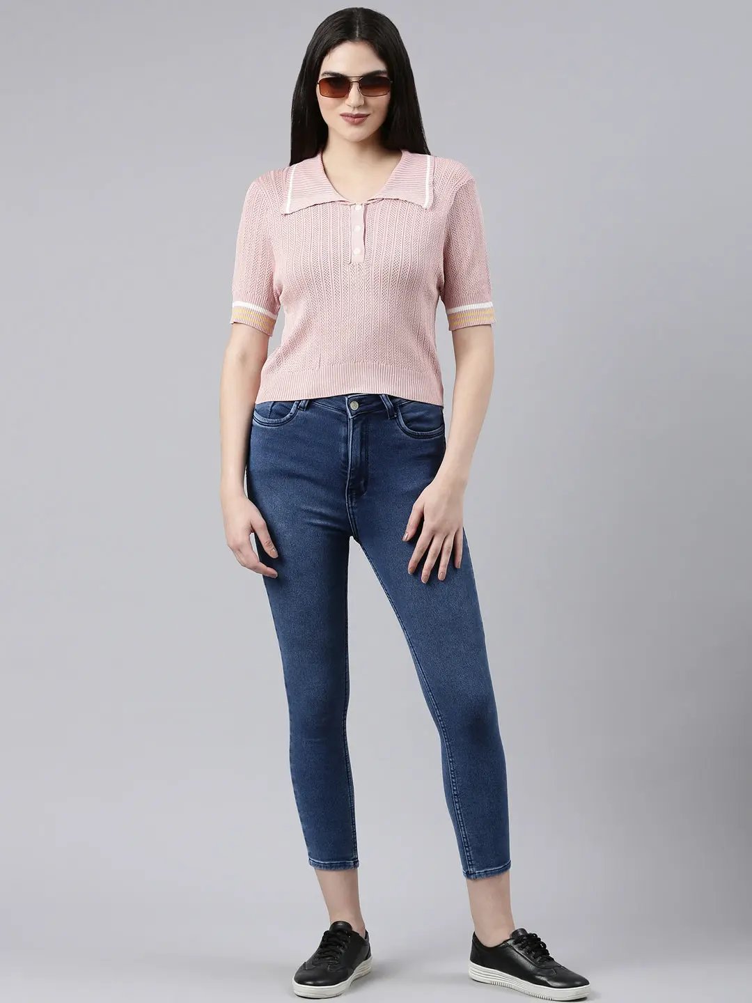 Women's Above the Keyboard Collar Self Design Pink Regular Top