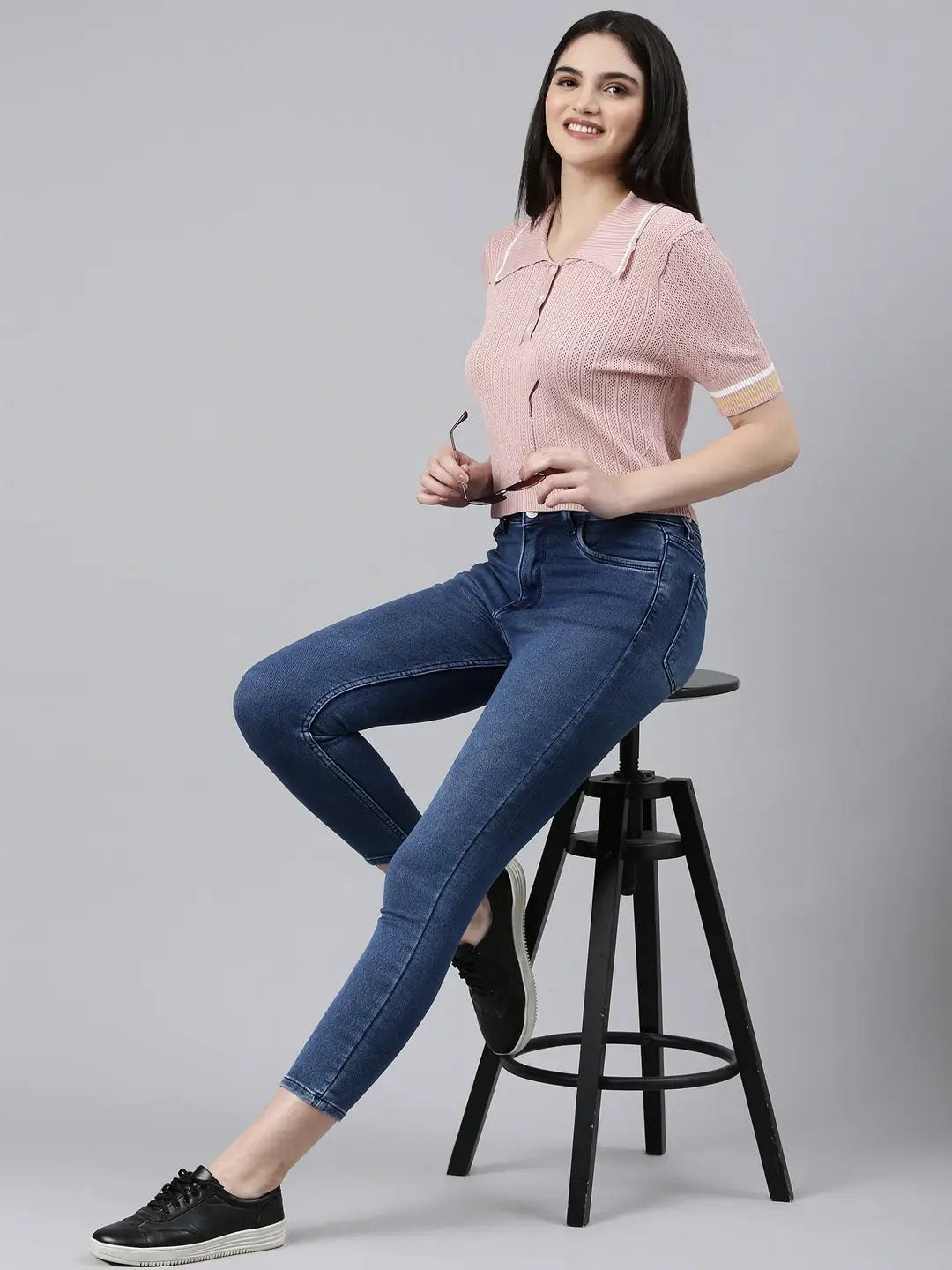 Women's Above the Keyboard Collar Self Design Pink Regular Top