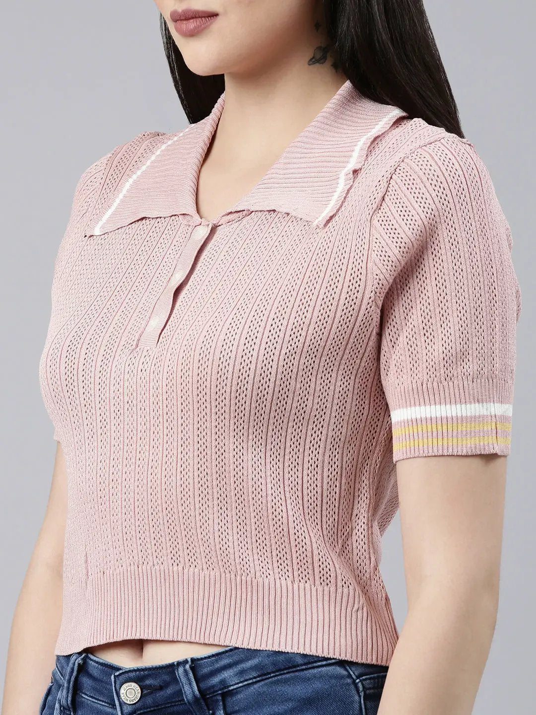 Women's Above the Keyboard Collar Self Design Pink Regular Top