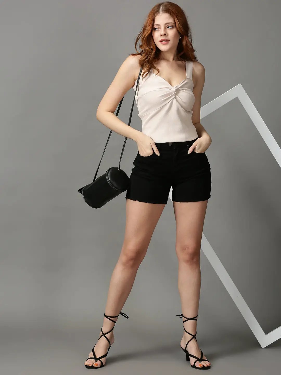Women's Beige Solid Fitted Crop Top