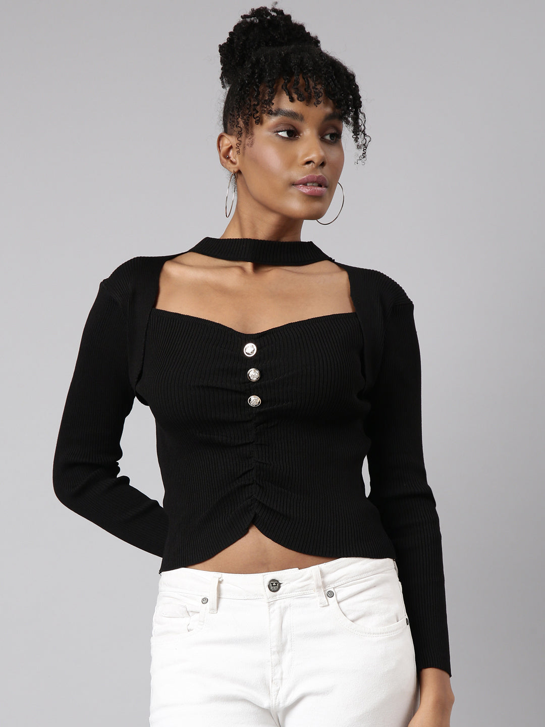 Women Black Solid Fitted Top