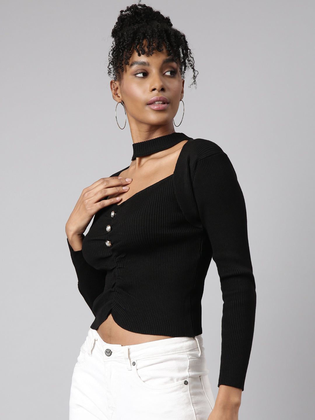 Women Black Solid Fitted Top