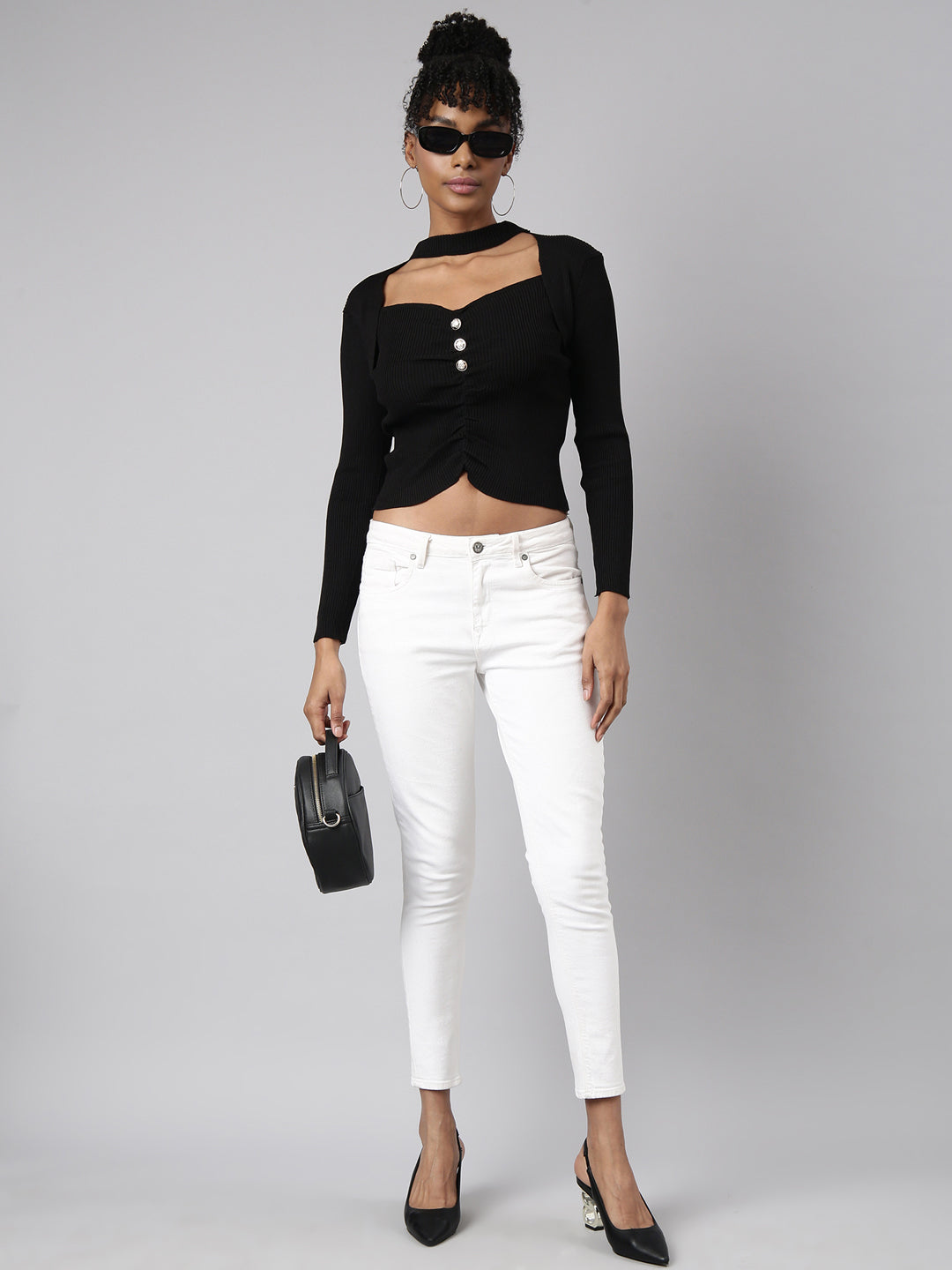 Women Black Solid Fitted Top