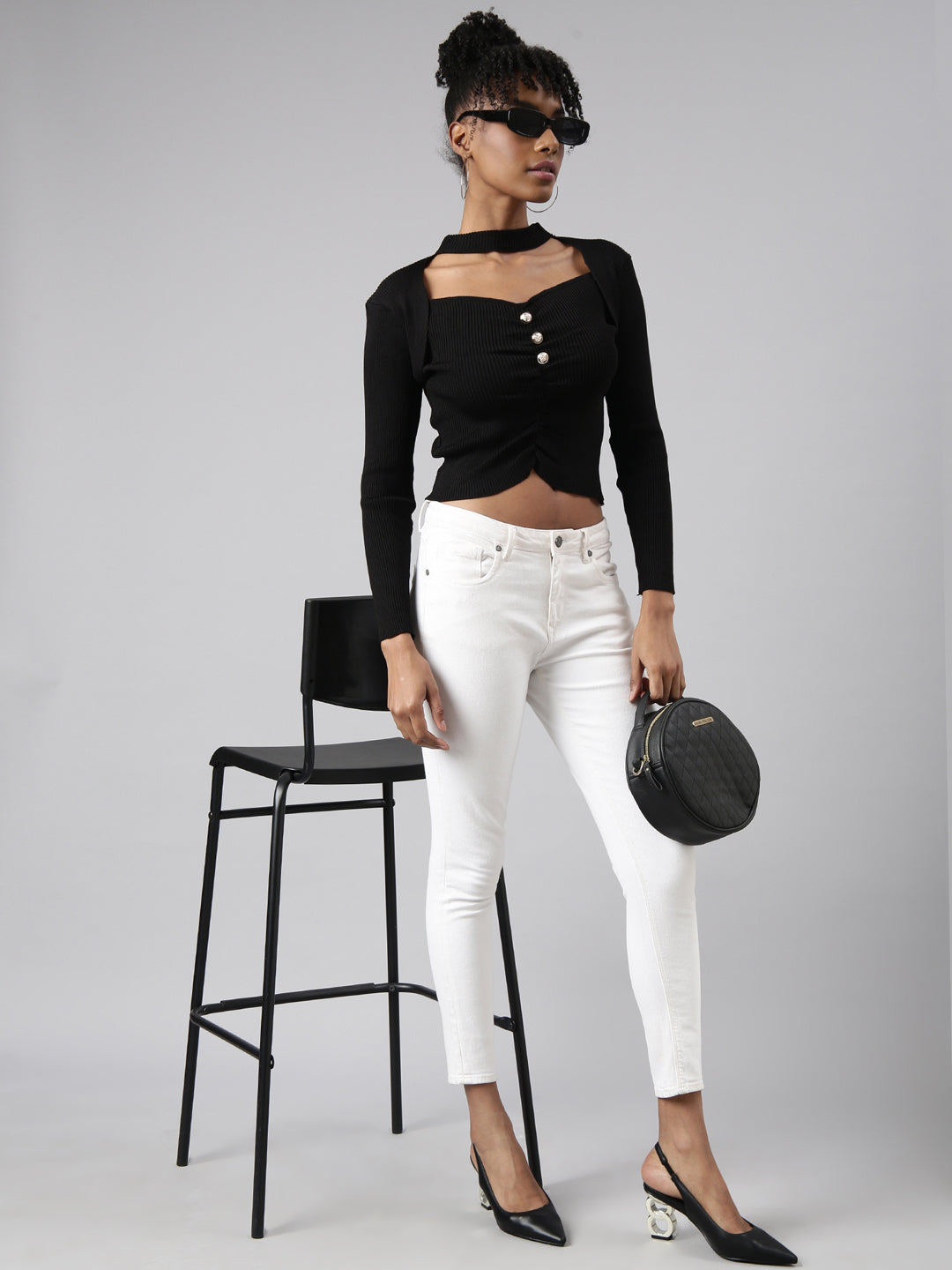 Women Black Solid Fitted Top