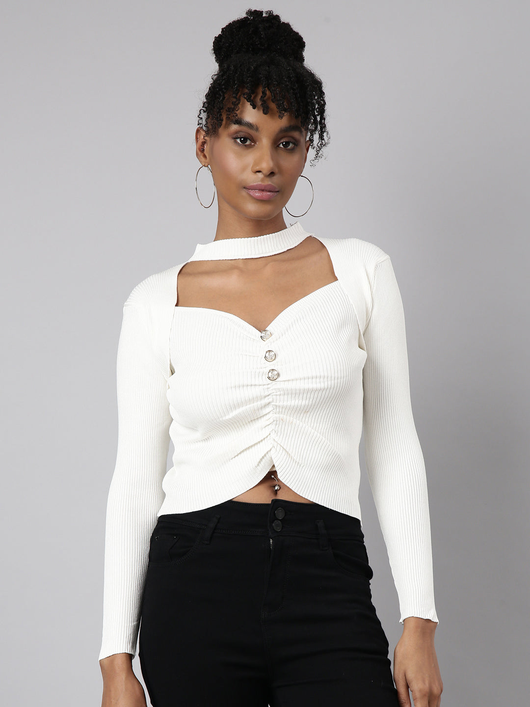 Women Off White Solid Fitted Top