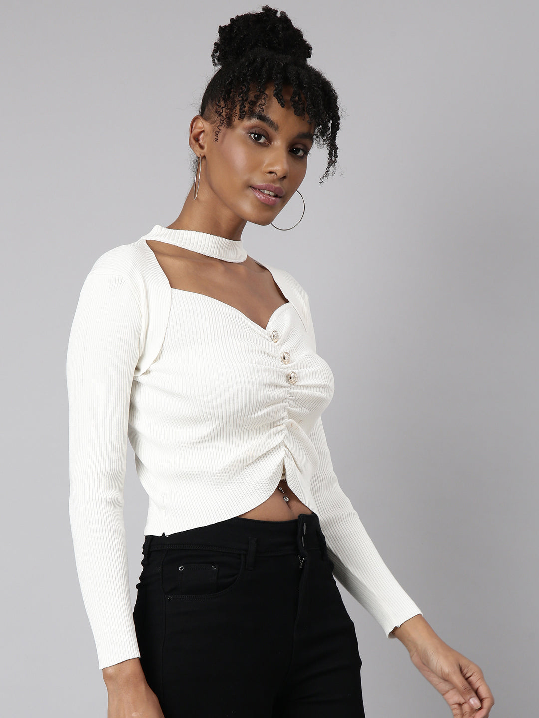 Women Off White Solid Fitted Top