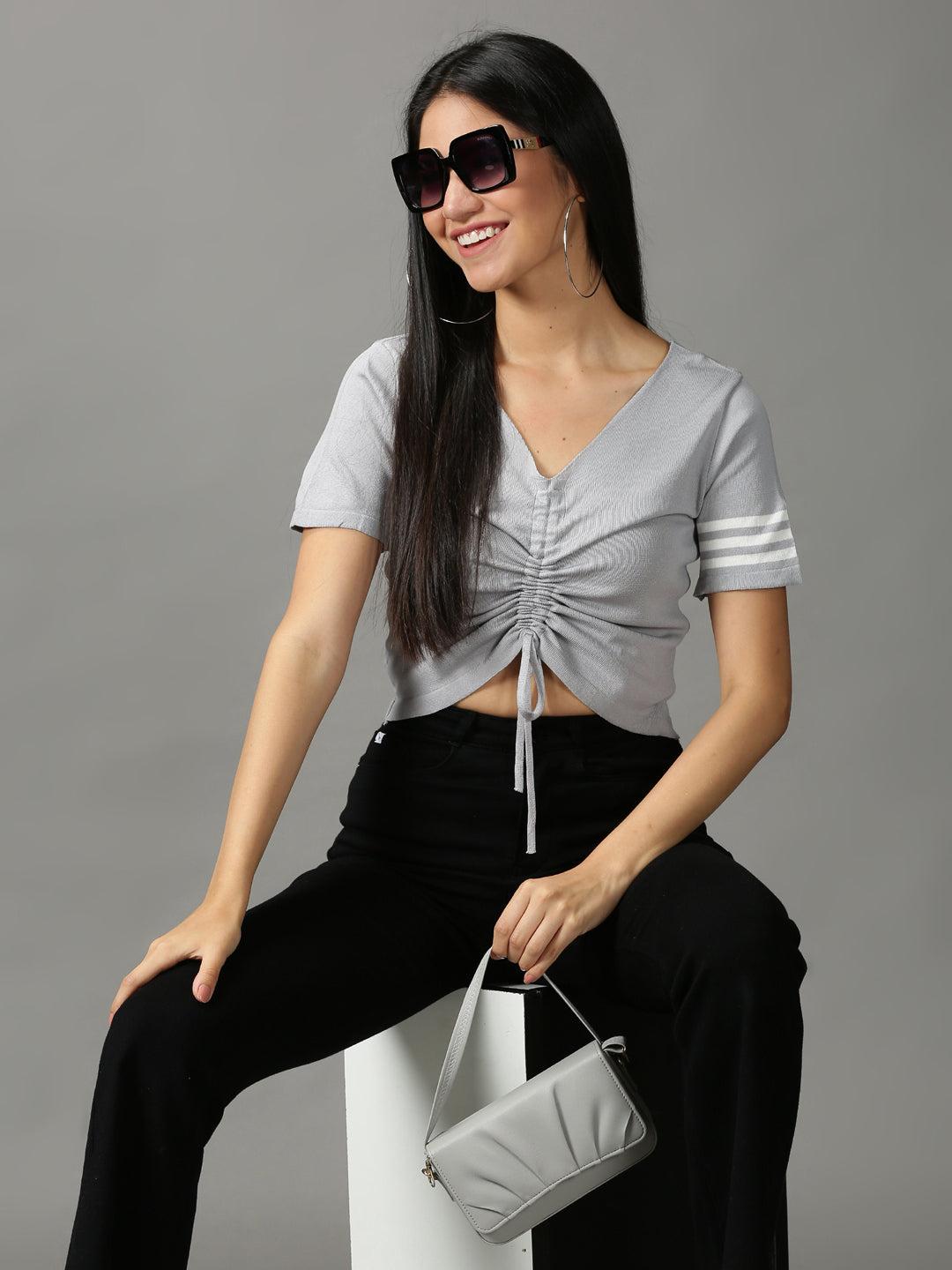 Women's Grey Solid Fitted Crop Top