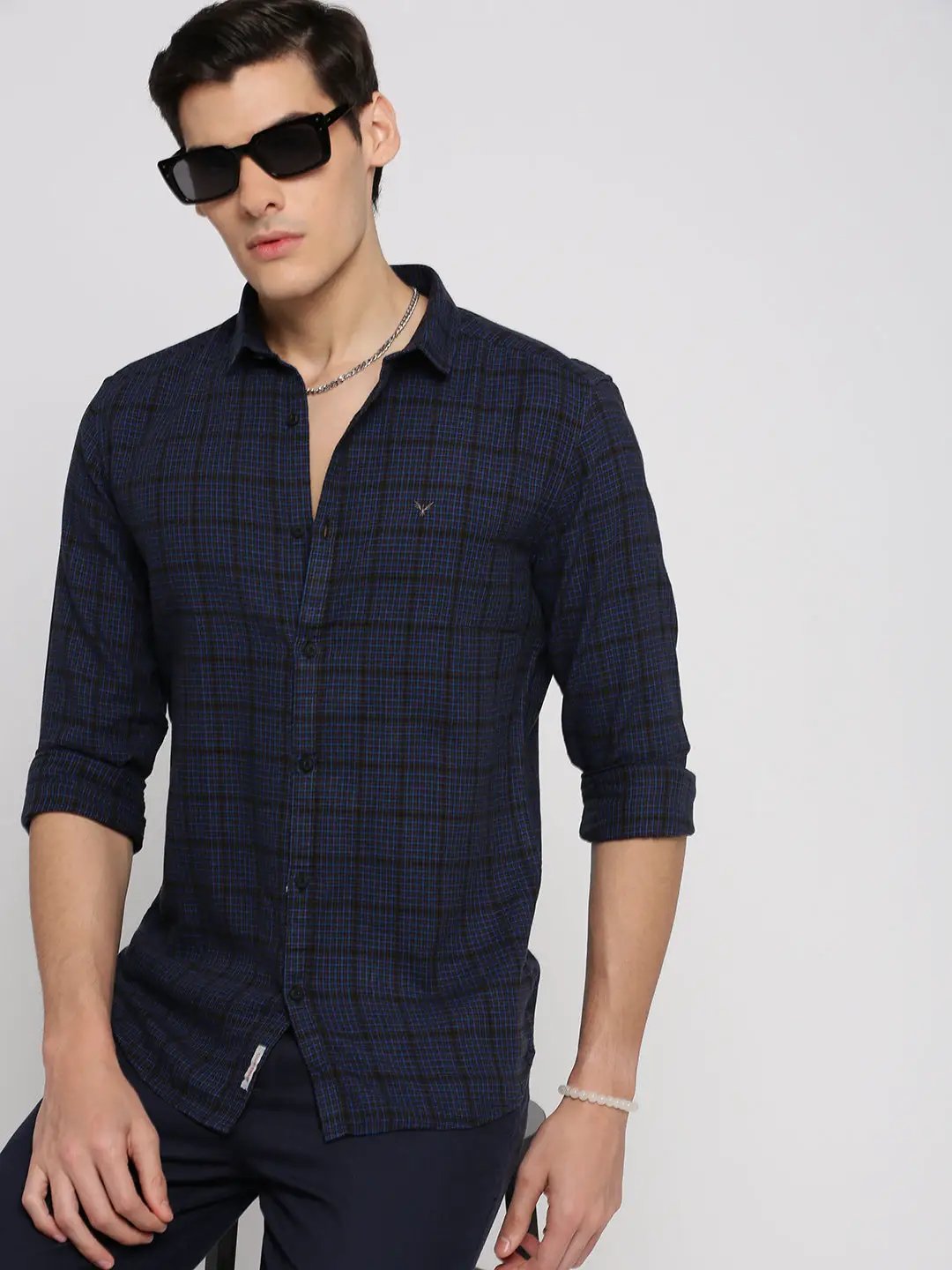 Men's Navy Blue Spread Collar Gingham Checks Shirt