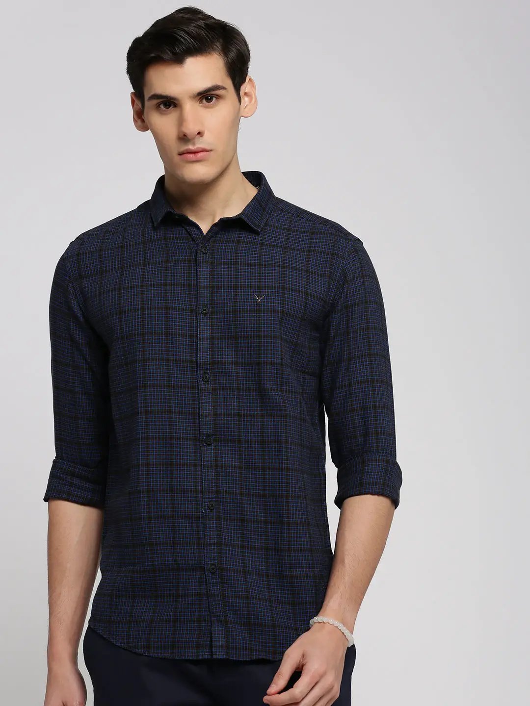 Men's Navy Blue Spread Collar Gingham Checks Shirt