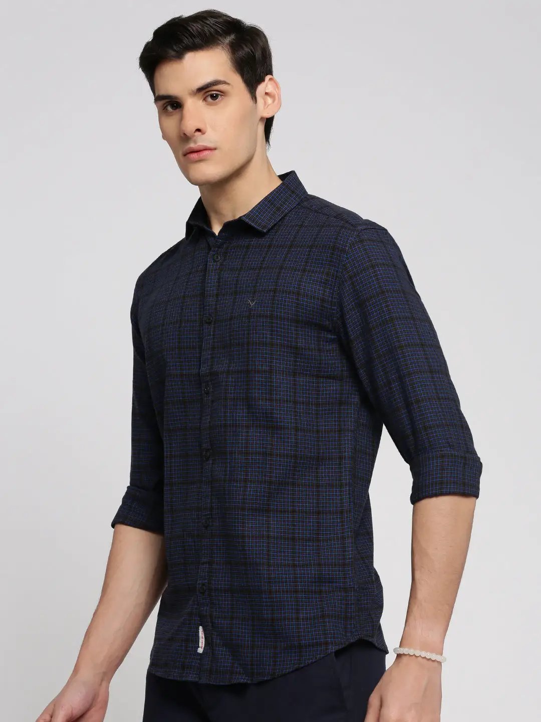 Men's Navy Blue Spread Collar Gingham Checks Shirt