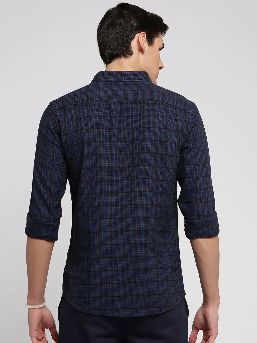 Men's Navy Blue Spread Collar Gingham Checks Shirt