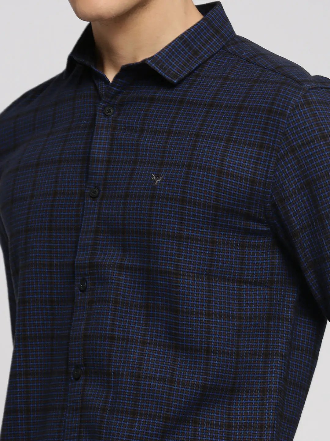 Men's Navy Blue Spread Collar Gingham Checks Shirt