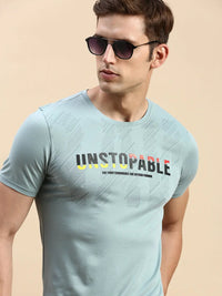 Men's Sea Green Typography Printed Slim Fit T-shirt