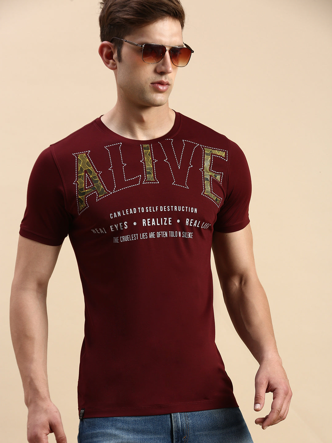 Men Burgundy Printed T Shirt