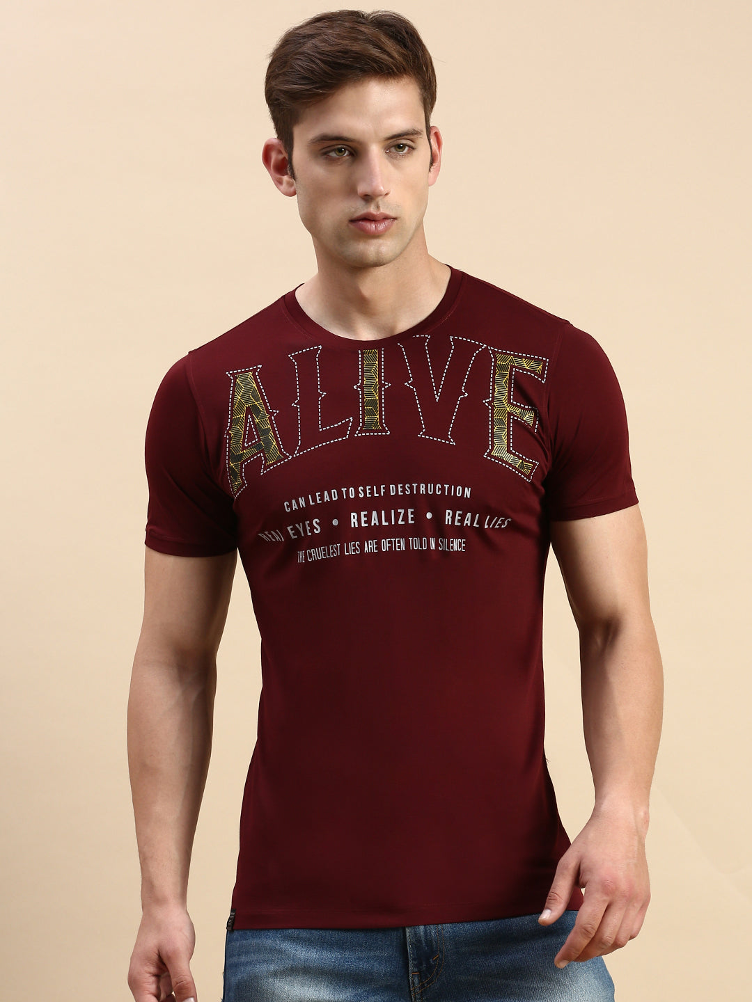 Men Burgundy Printed T Shirt