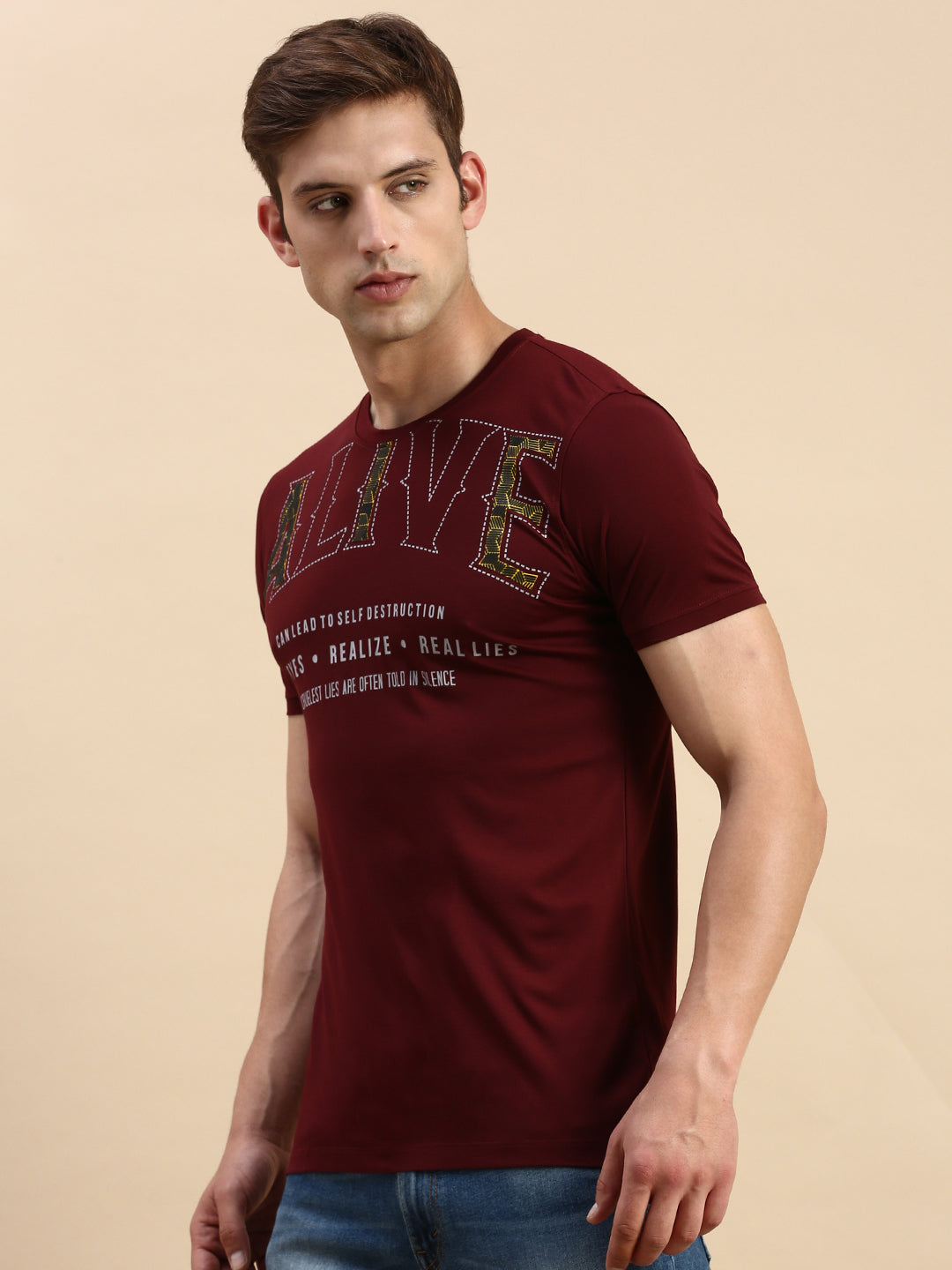 Men Burgundy Printed T Shirt