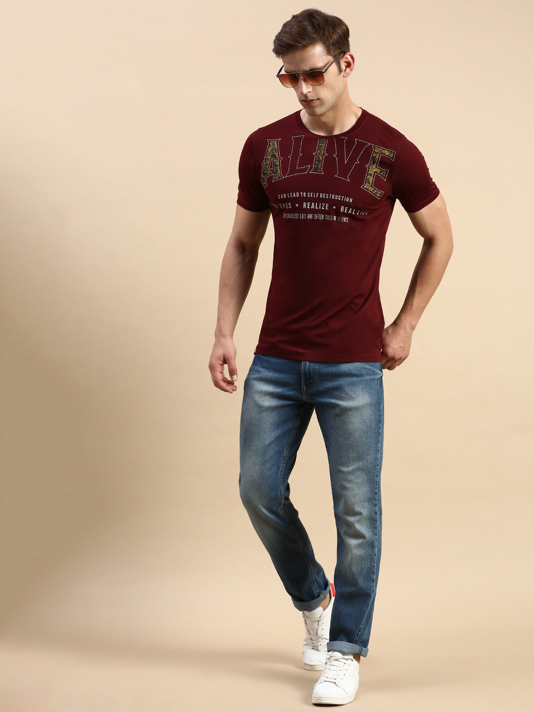 Men Burgundy Printed T Shirt