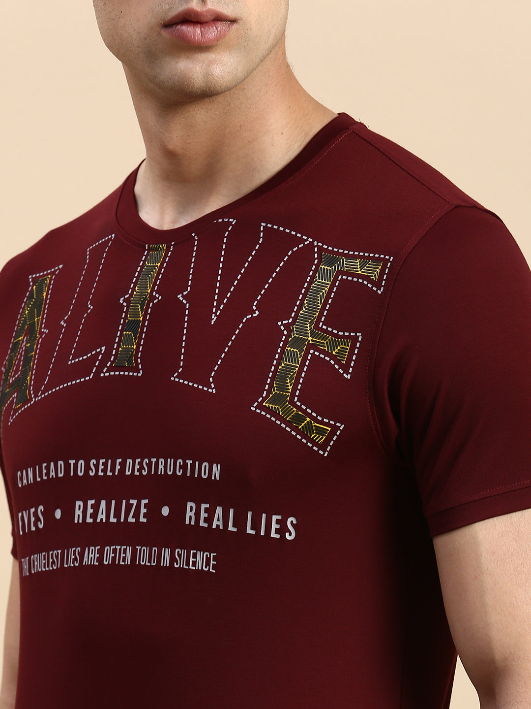 Men Burgundy Printed T Shirt