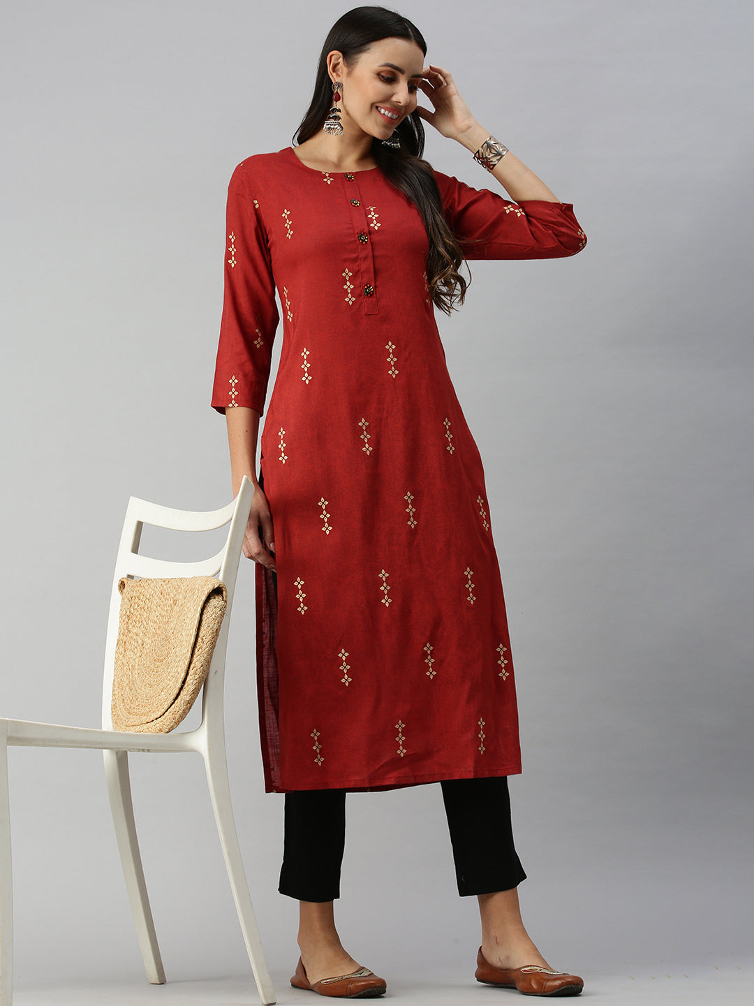 Women's BrownGold Floral Khatwa Straight Kurta