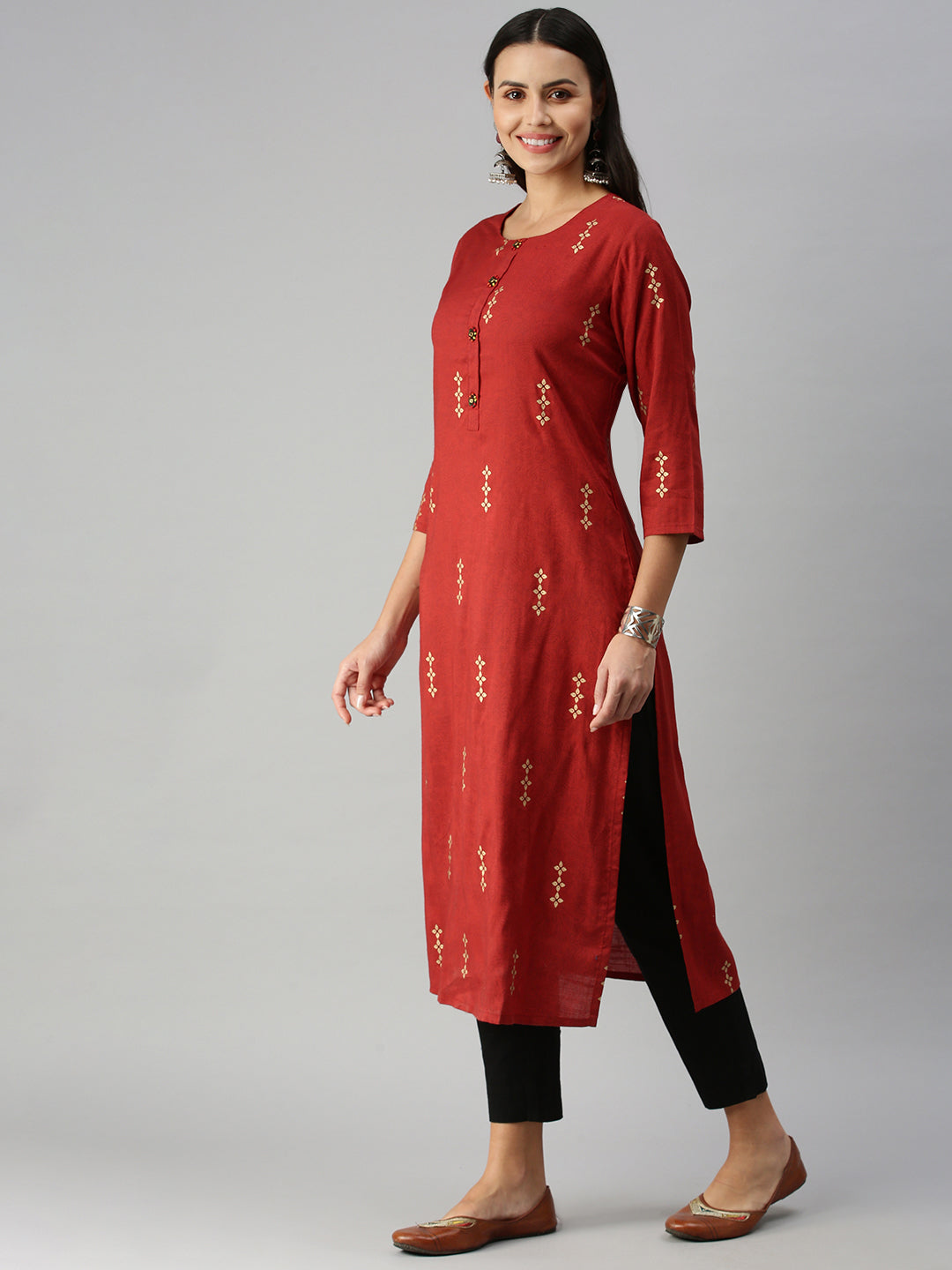 Women's BrownGold Floral Khatwa Straight Kurta