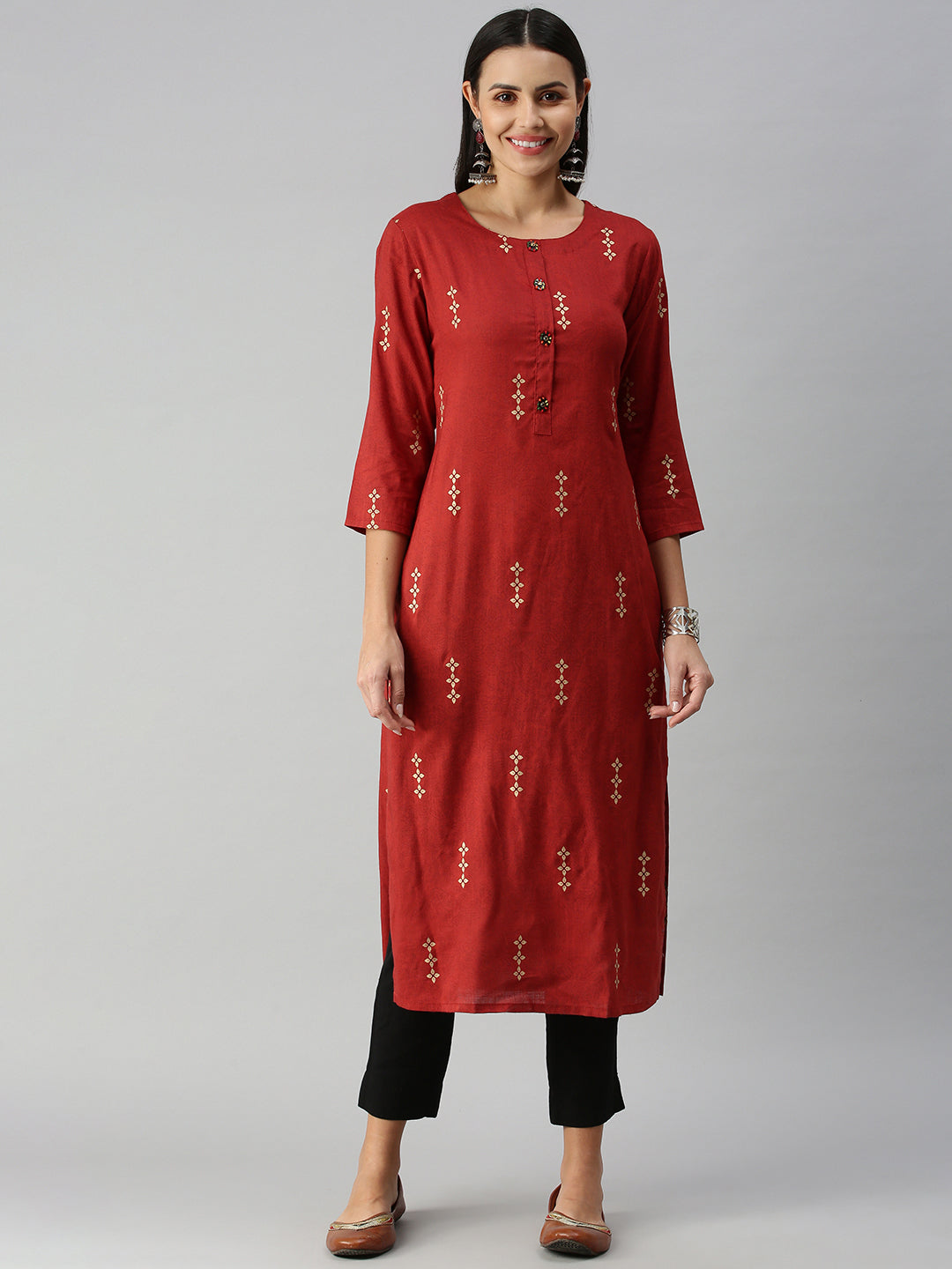 Women's BrownGold Floral Khatwa Straight Kurta