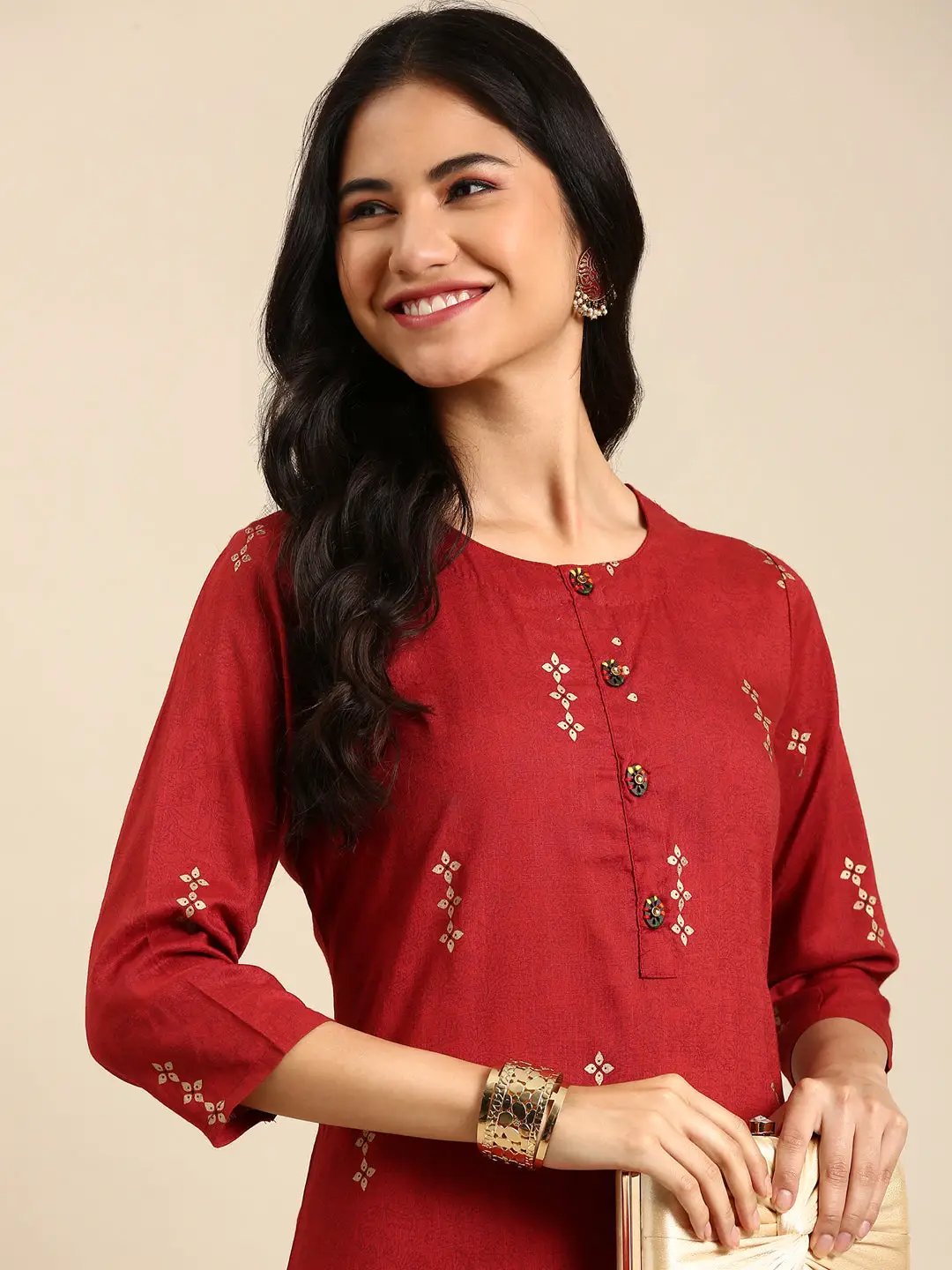 Women's Red Printed Straight Kurta