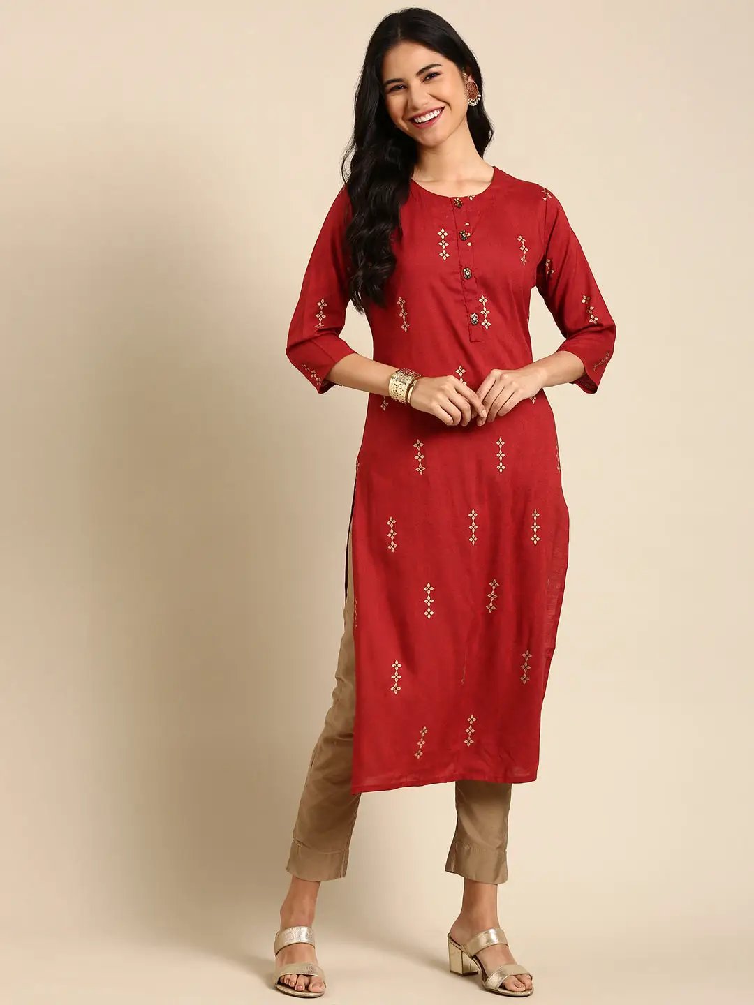 Women's Red Printed Straight Kurta