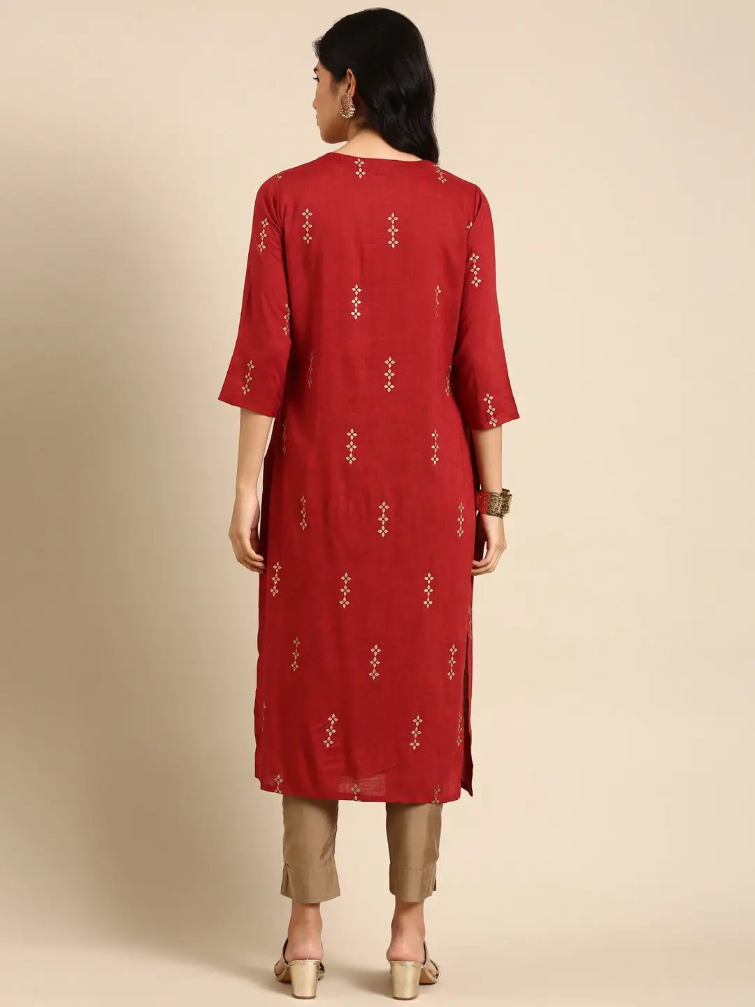 Women's Red Printed Straight Kurta