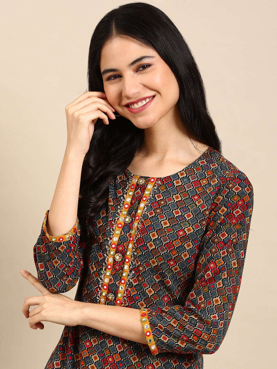 Women's Multicolour Colourblock Kurta Set