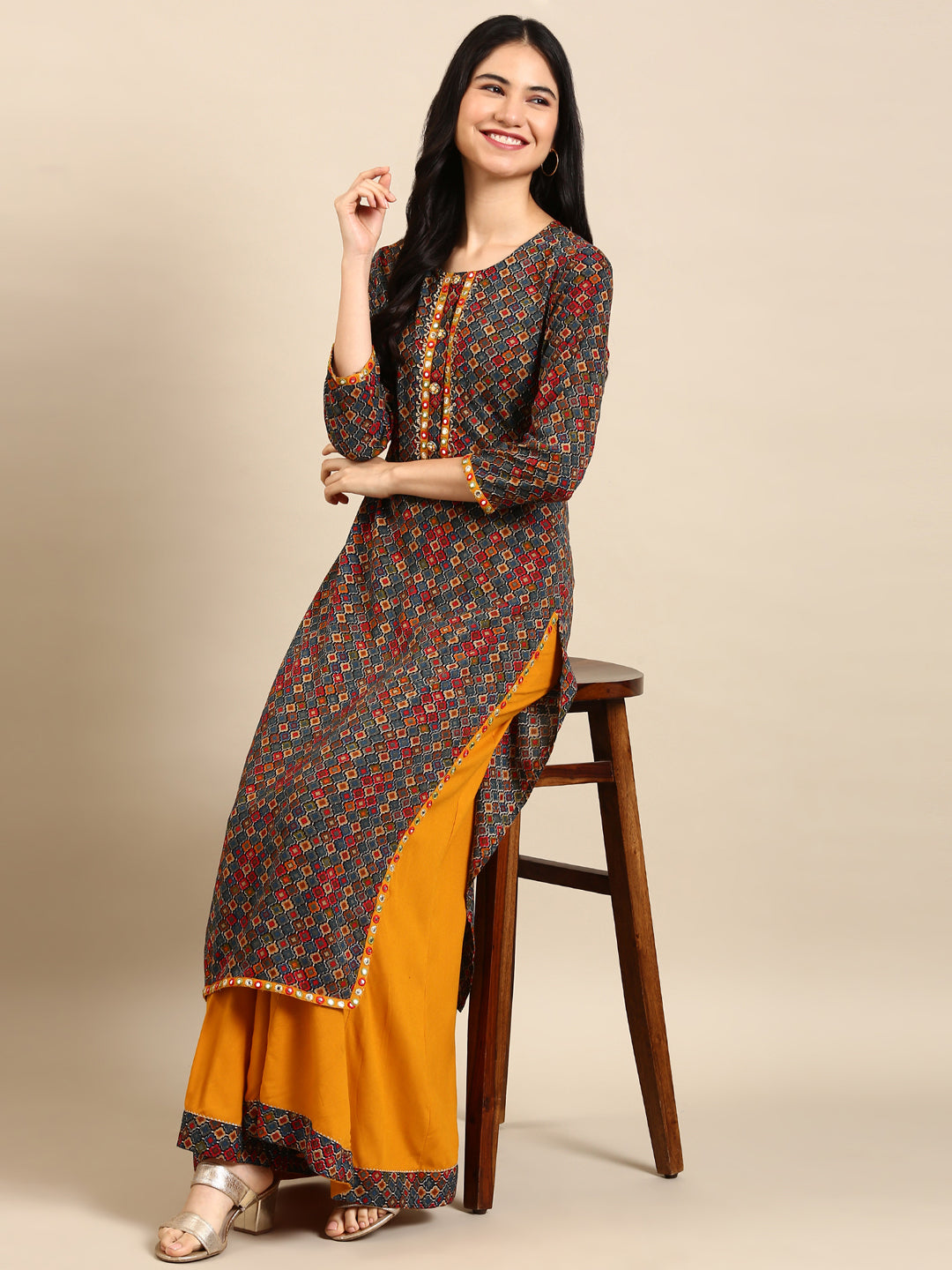 Women's Multicolour Colourblock Kurta Set