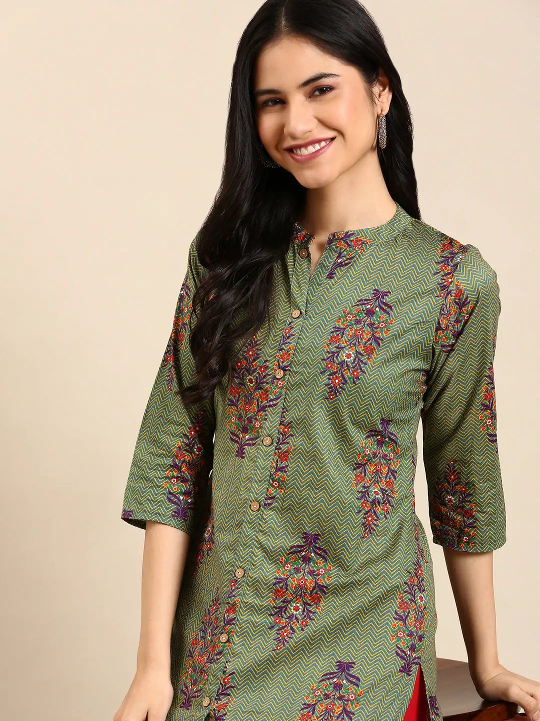 Women's Multi Floral Printed Mandarin Collar Straight Kurta