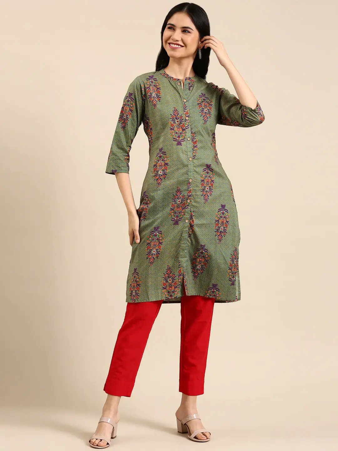 Women's Multi Floral Printed Mandarin Collar Straight Kurta