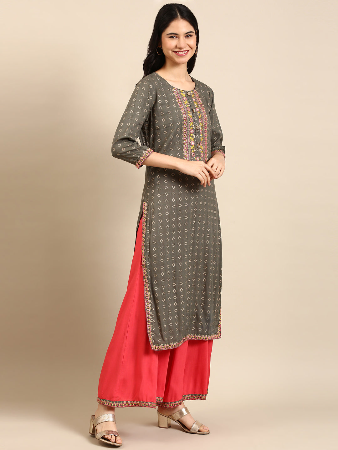 Women's Olive Geometrical Kurta Set