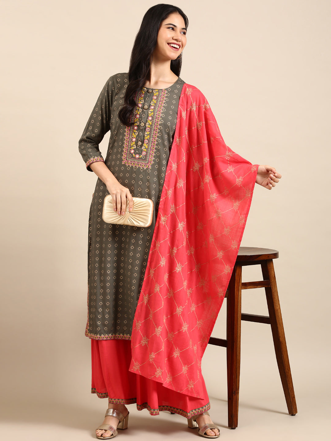 Women's Olive Geometrical Kurta Set