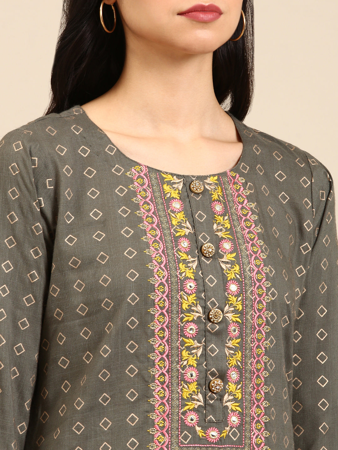 Women's Olive Geometrical Kurta Set