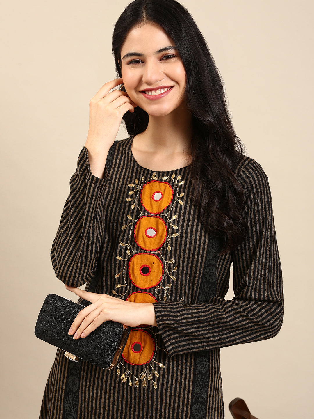 Women's Black Striped Kurta Set