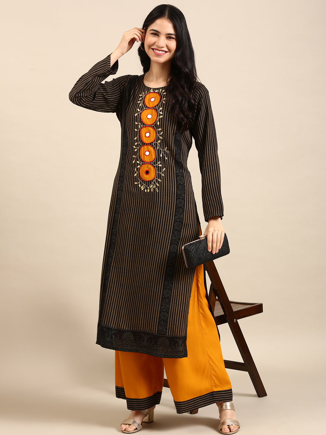 Women's Black Striped Kurta Set