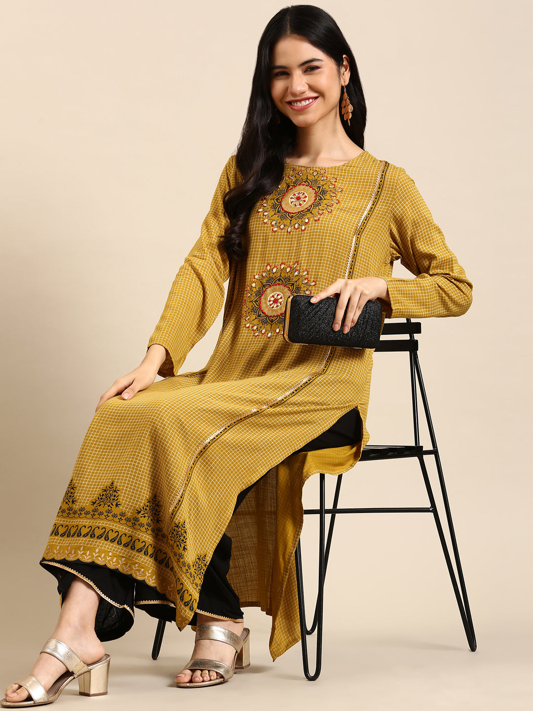 Women's Green Checked Kurta Set