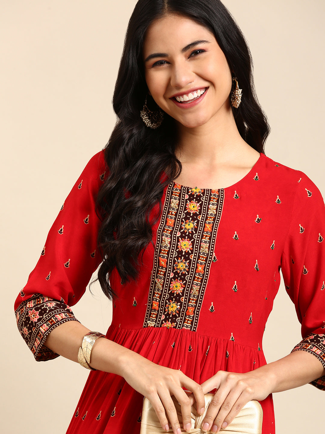 Women's Red Embellished Anarkali Kurta