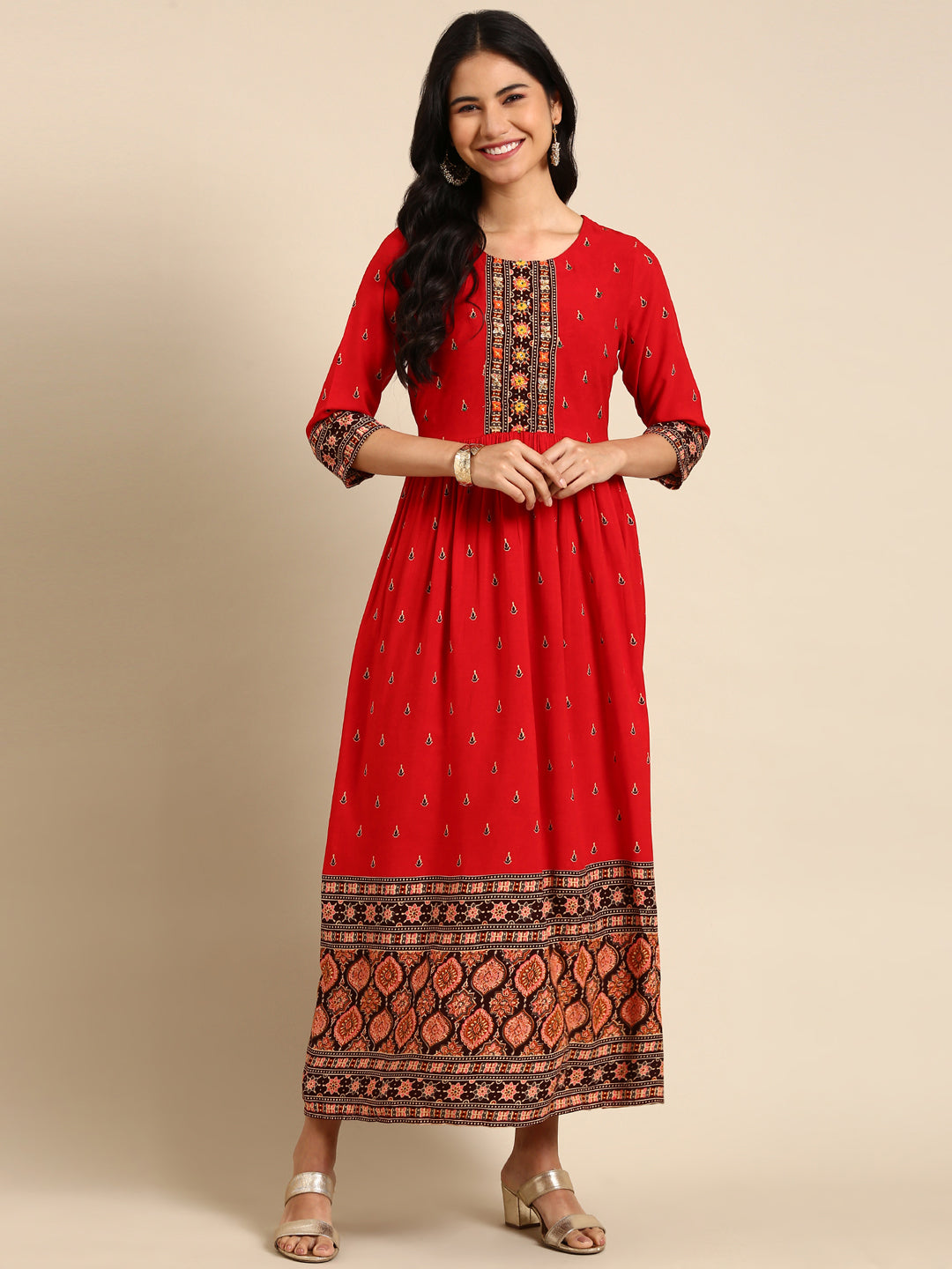 Women's Red Embellished Anarkali Kurta