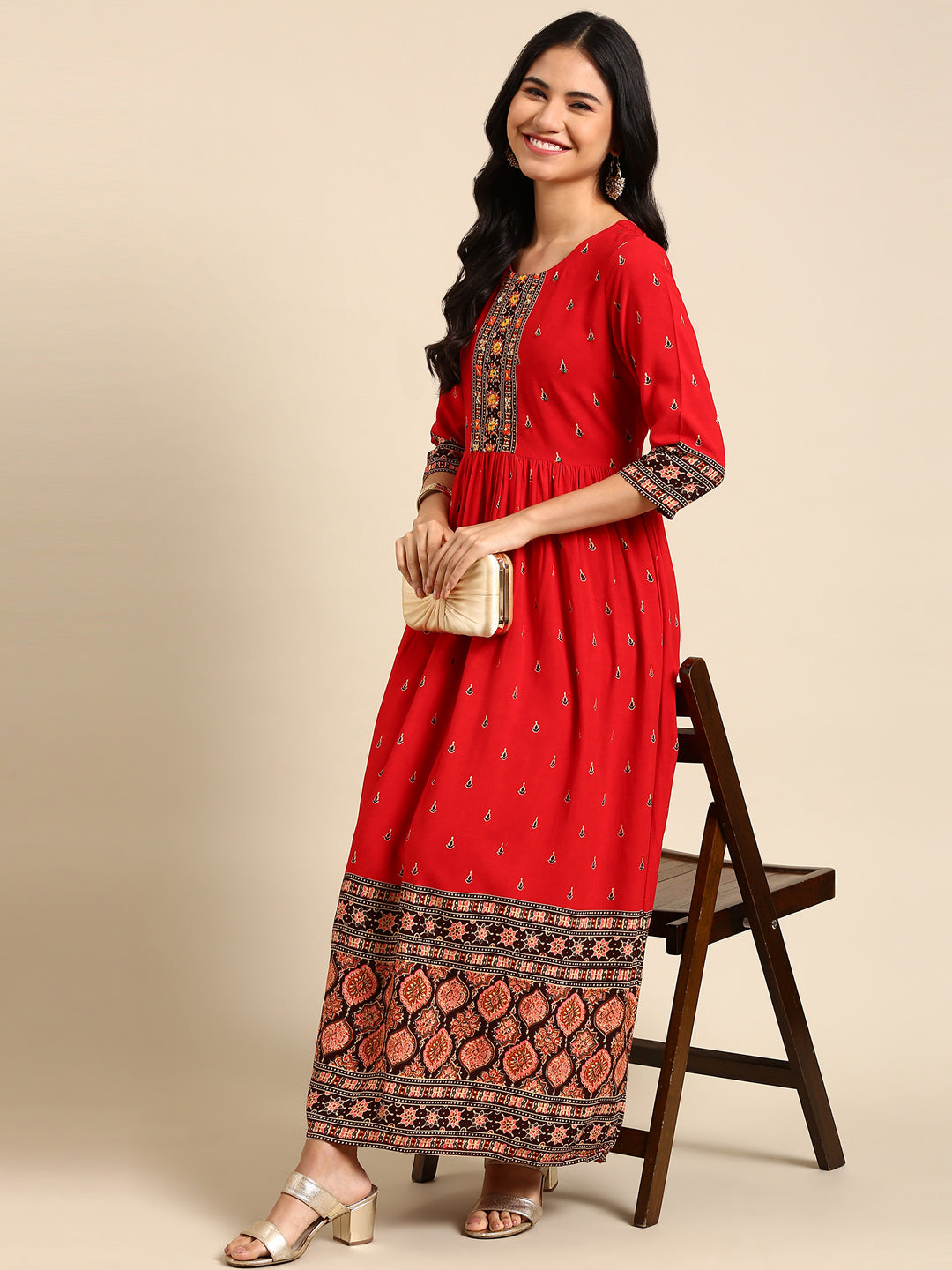 Women's Red Embellished Anarkali Kurta