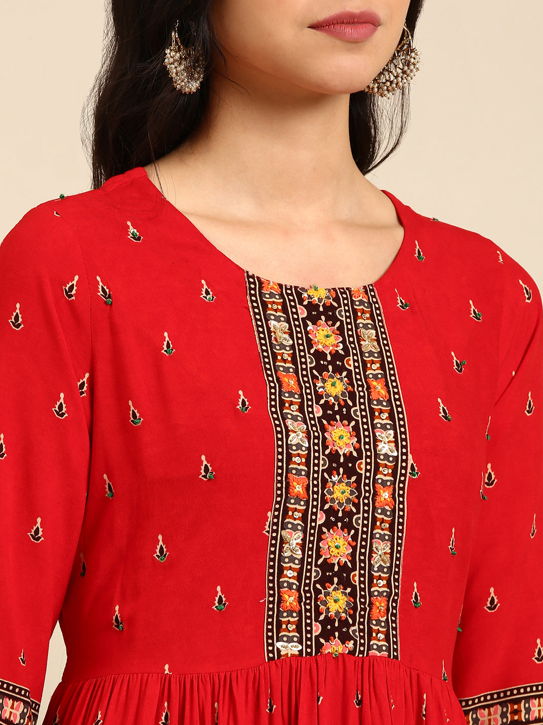 Women's Red Embellished Anarkali Kurta