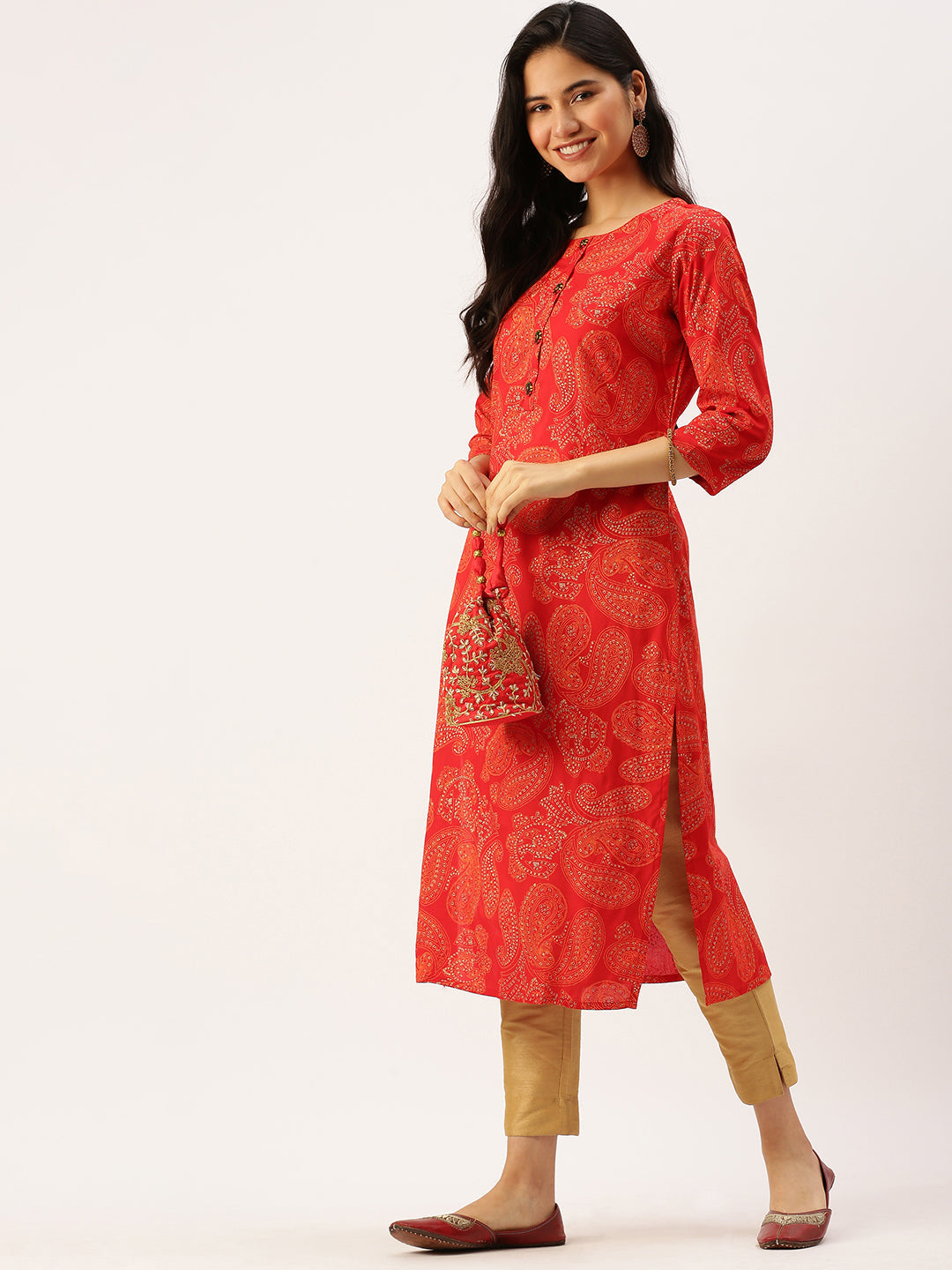 Women's Red Printed Straight Kurtas