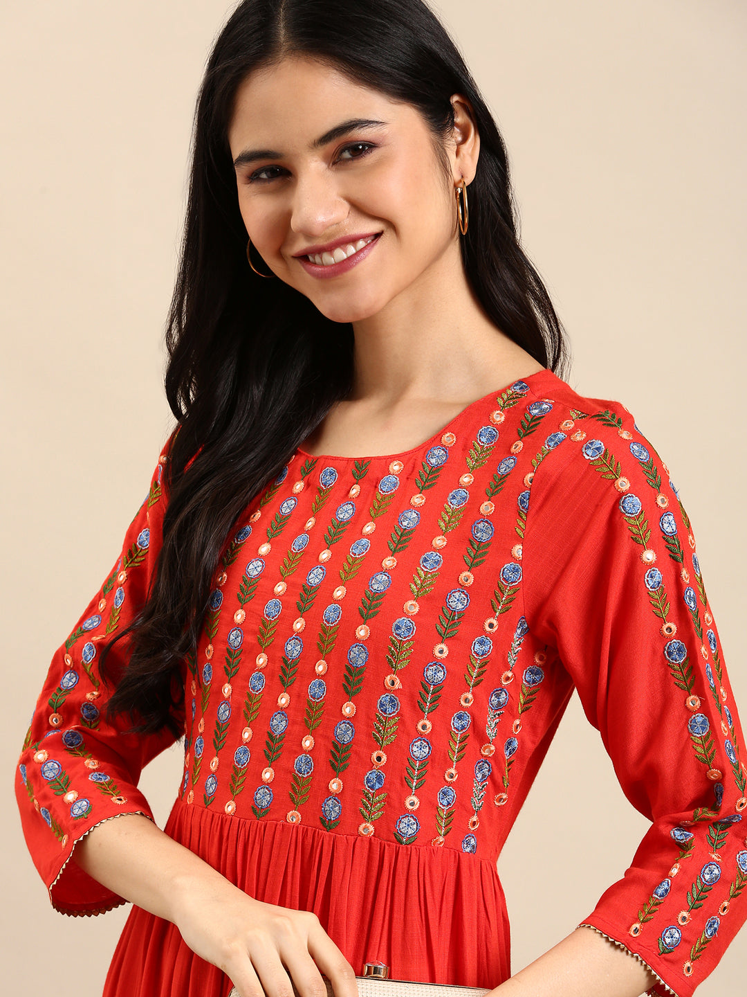 Women's Orange Embellished Anarkali Kurta